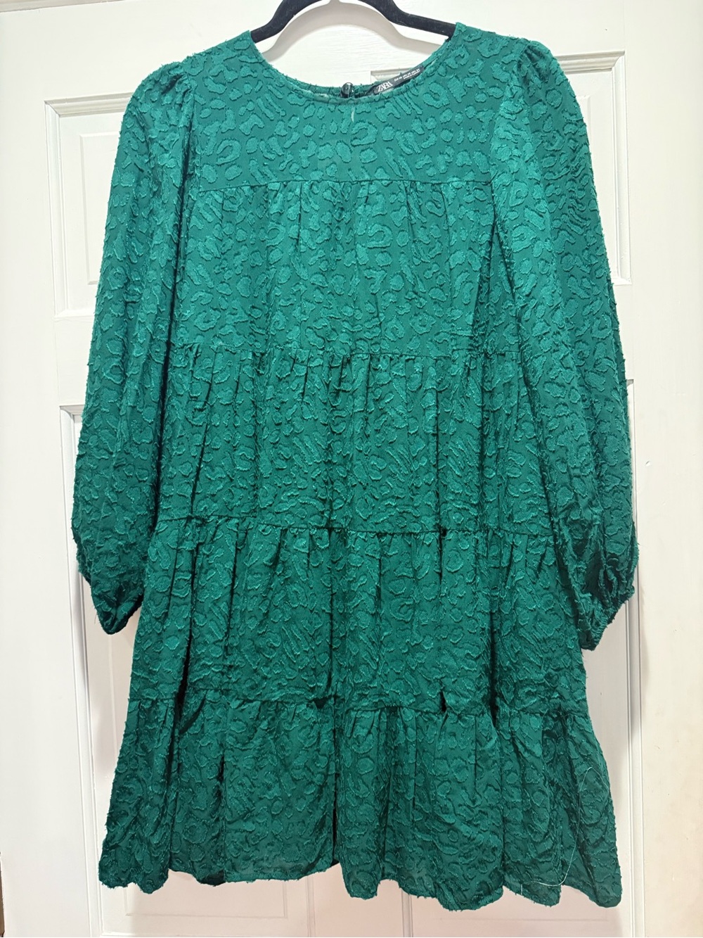 Zara Emerald Green Textured Tiered Long Sleeve Dress size XS New NWT